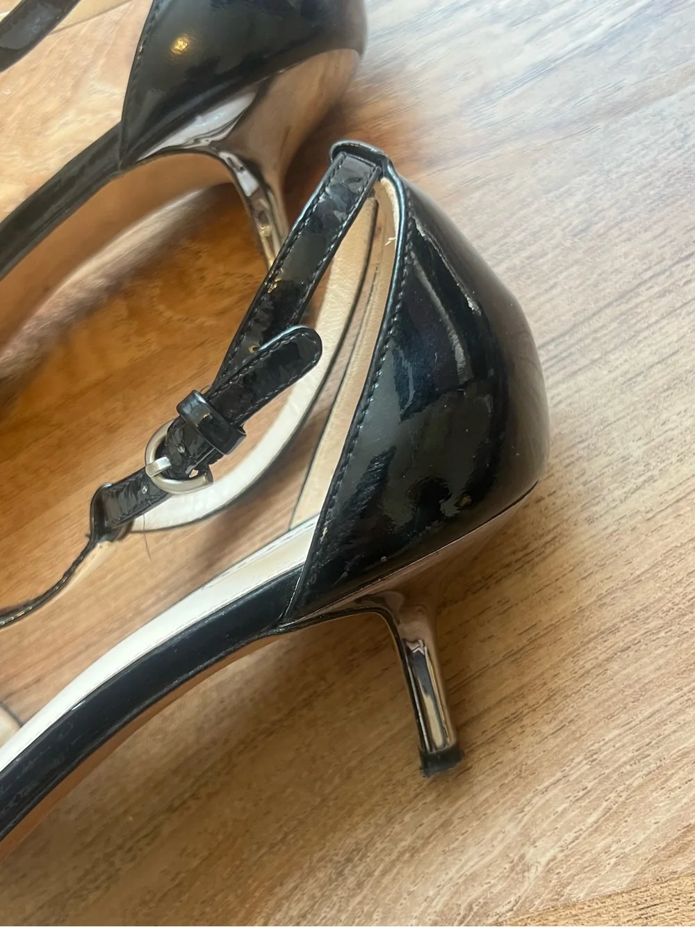 Vintage Coach Black Patent Leather T-Strap Heels with Silver Medallion